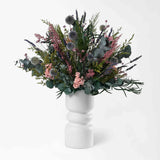 MARION - PRESERVED PURPLE AND LILAC WILD MIXED FLOWER ARRANGEMENT IN WHITE VASE