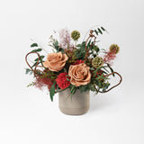 HERA - PRESERVED TOFFEE AND GREEN MIXED FLOWER ARRANGEMENT IN STONE VASE