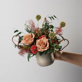 HERA - PRESERVED TOFFEE AND GREEN MIXED FLOWER ARRANGEMENT IN STONE VASE