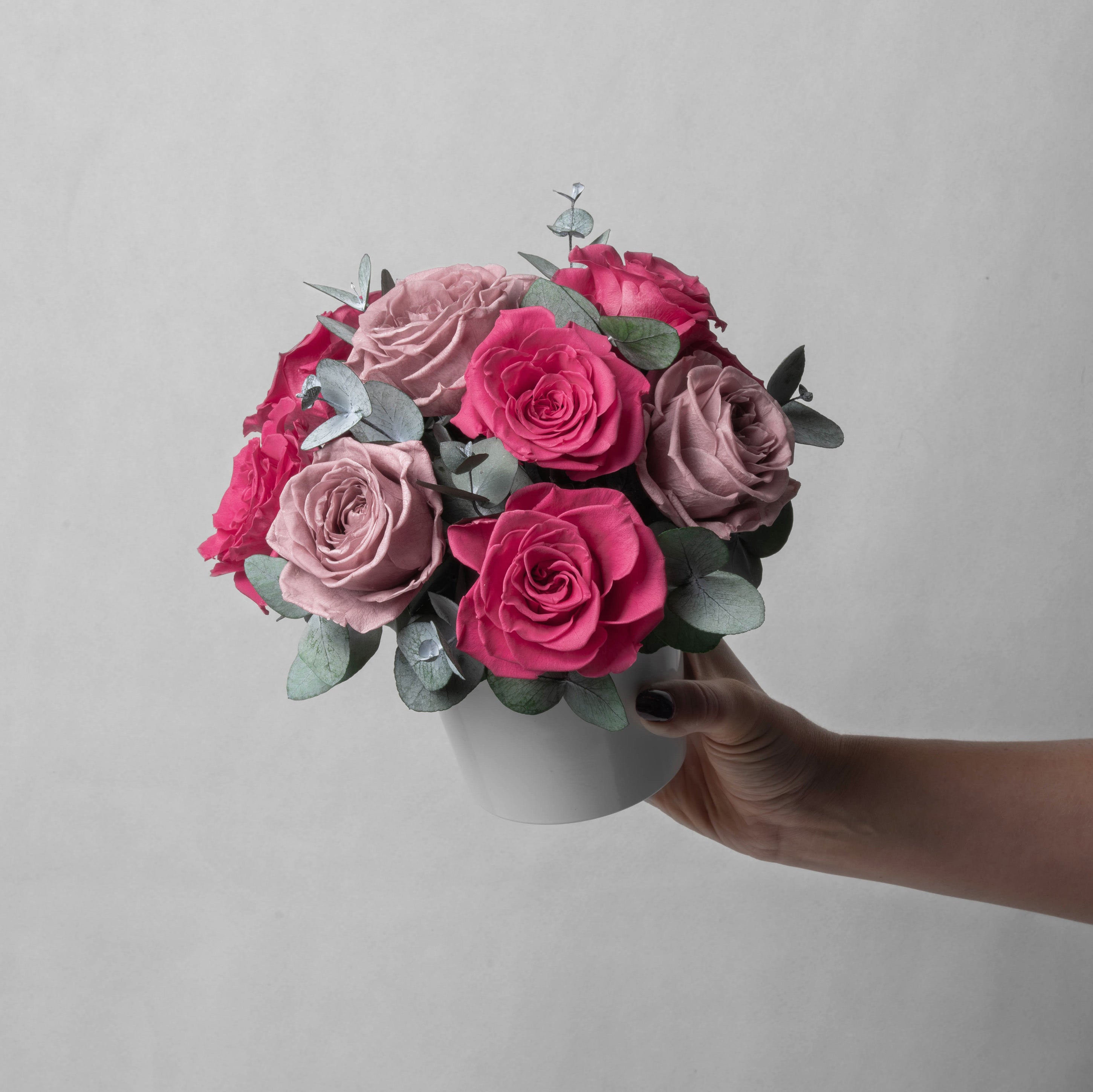 PRESERVED BERRY ROSE ARRANGEMENT IN WHITE VASE