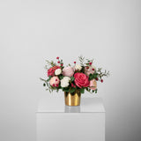 BETTINA - PRESERVED PINK AND WHITE MIXED FLOWER ARRANGEMENT IN GOLD VASE