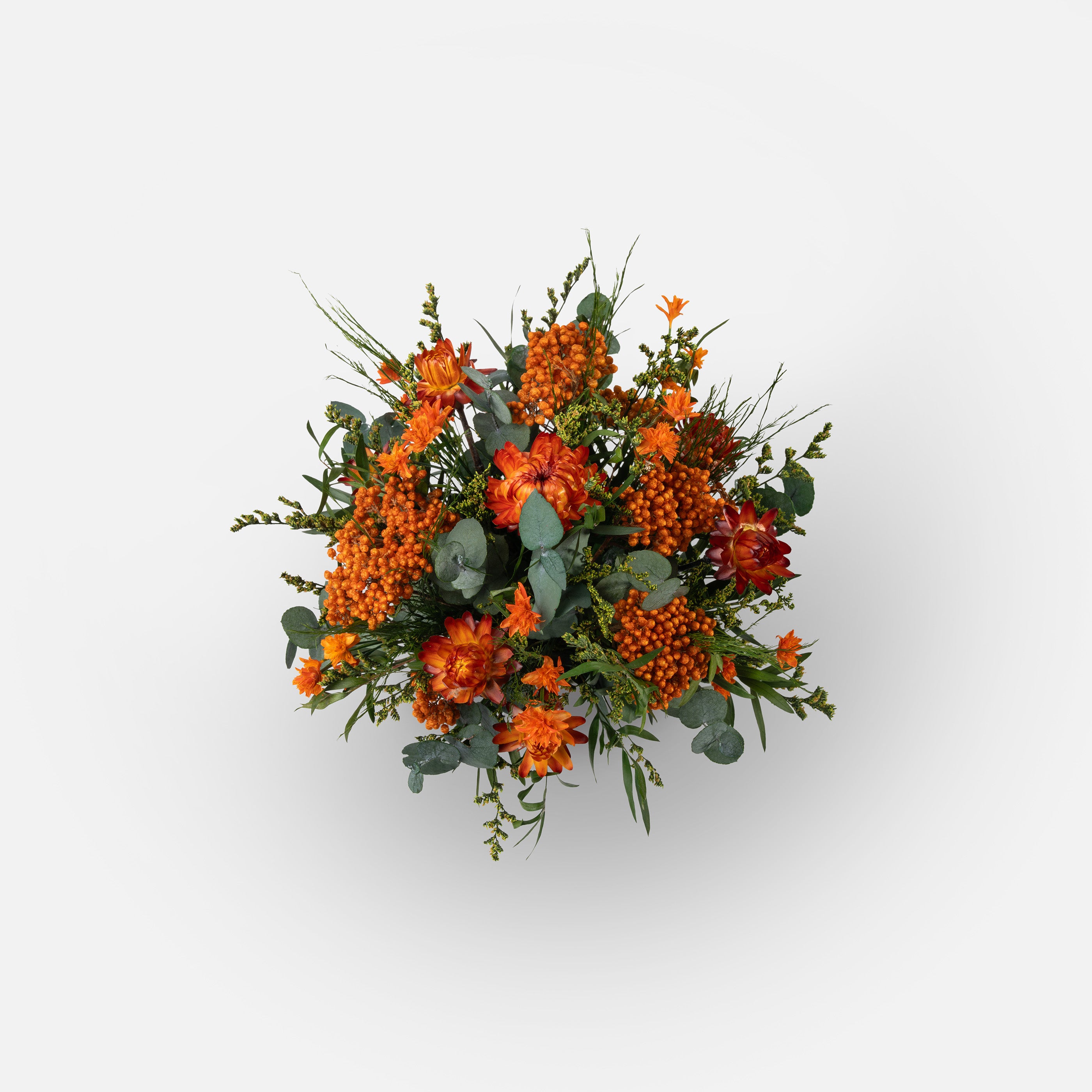 PRESERVED ORANGE WILD MIXED FLOWER ARRANGEMENT IN GREY BAMBOO VASE