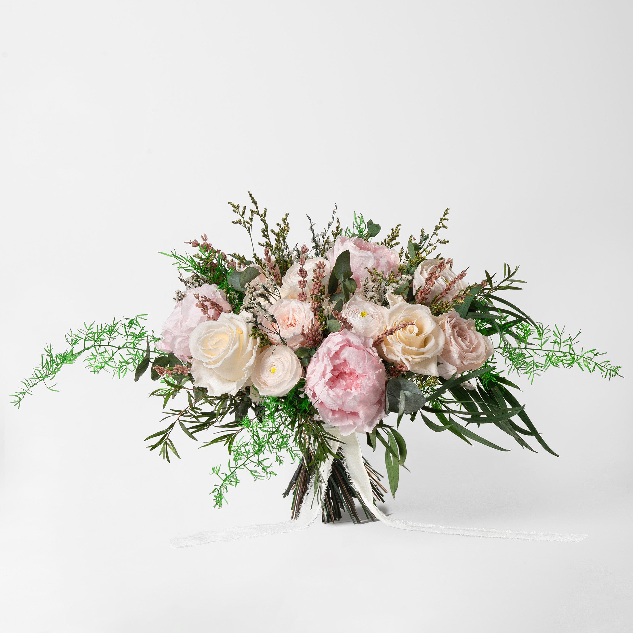PRESERVED PINK AND WHITE MIXED FLOWER WEDDING BOUQUET
