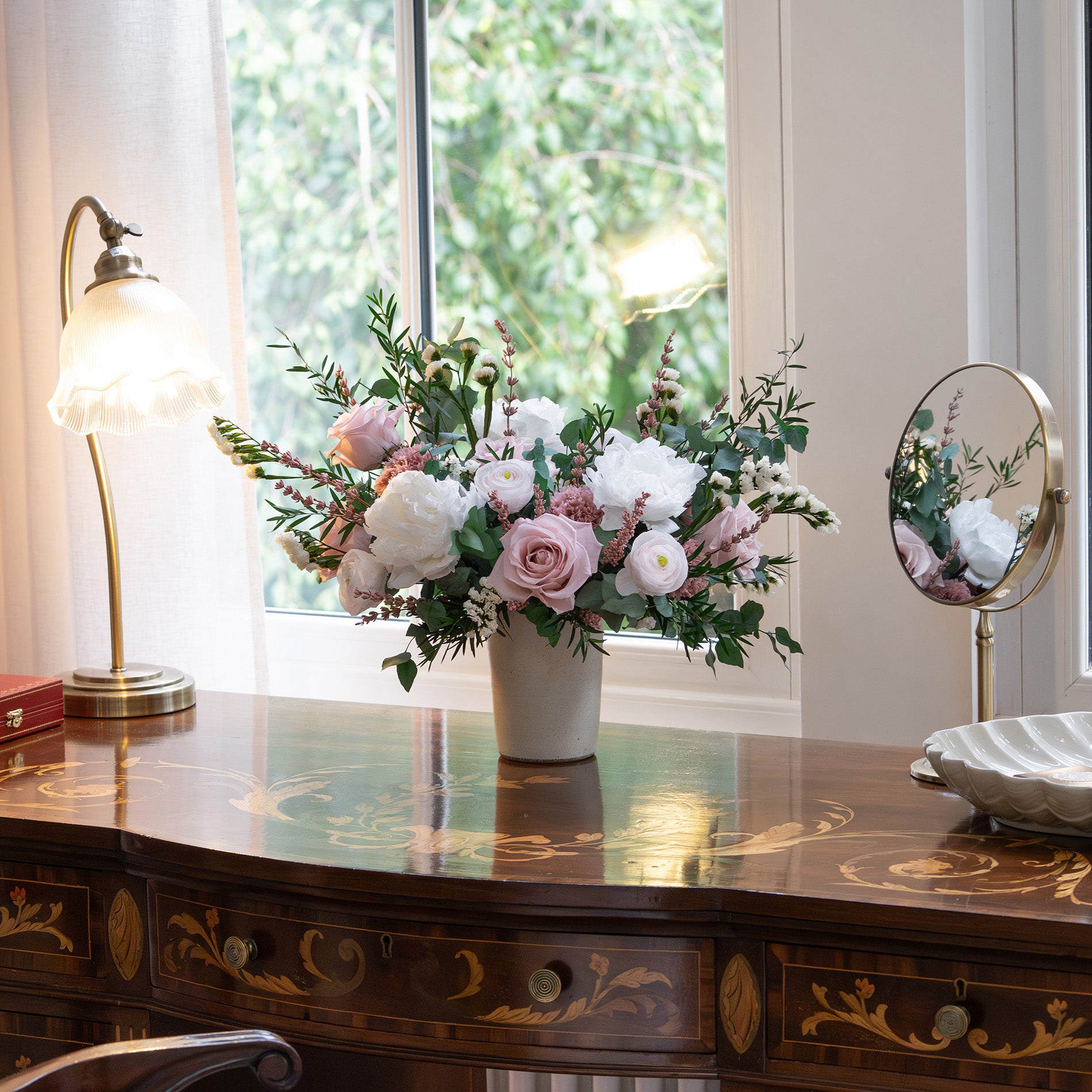 PRESERVED WHITE AND DUSTY PINK MIXED FLOWER ARRANGEMENT IN CERAMIC VASE