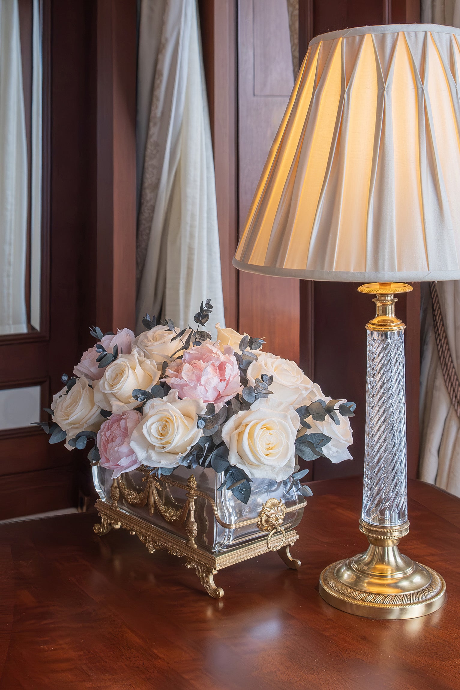 Preserved rose and peony arrangement with eucalyptus in master cabin