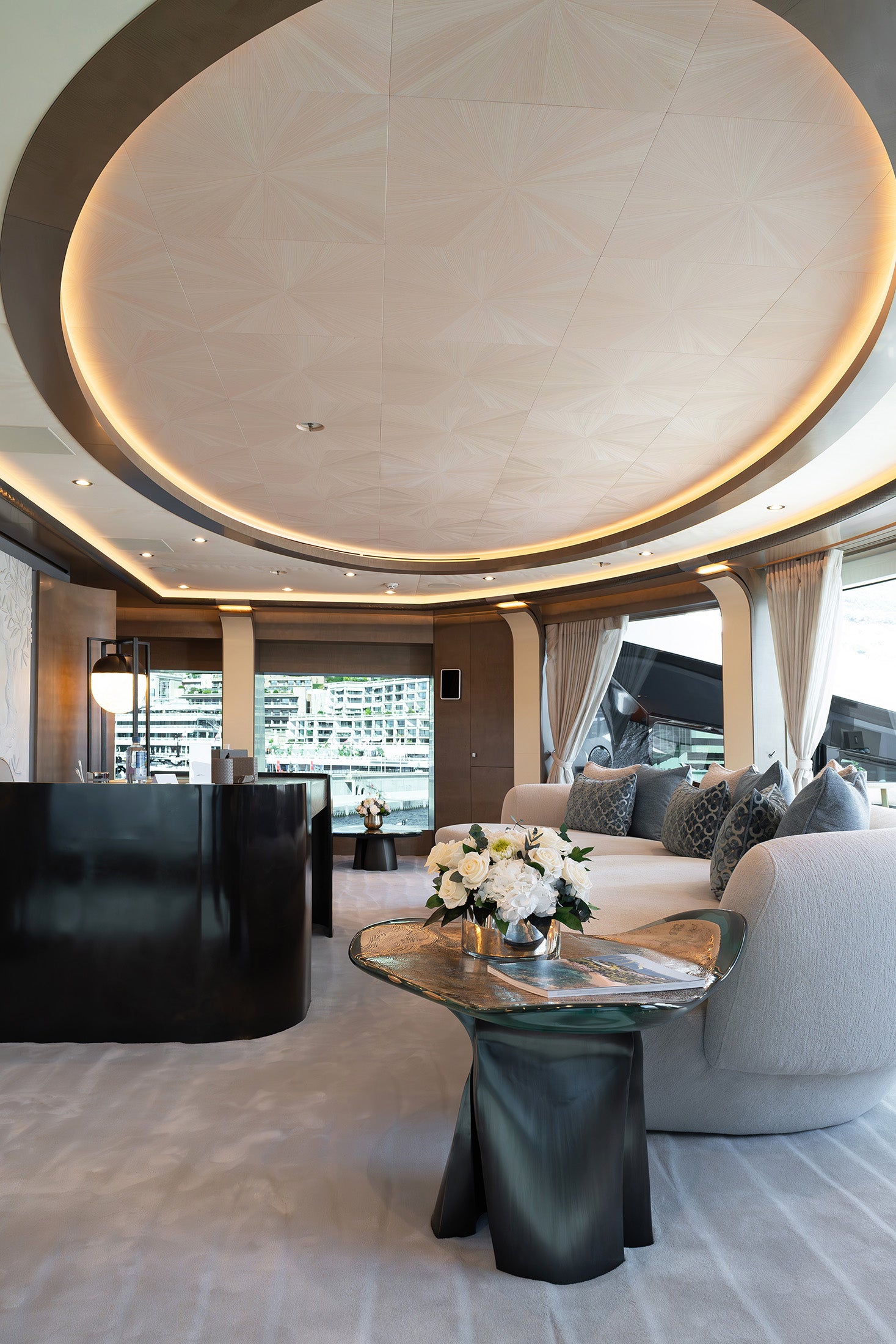 Preserved mixed flower arrangements displayed in the master office of a luxury yacht