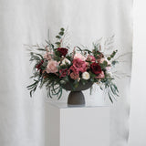 PRESERVED BURGUNDY & CHERRY MIXED FLOWER ARRANGEMENT IN GREY FOOTED VASE