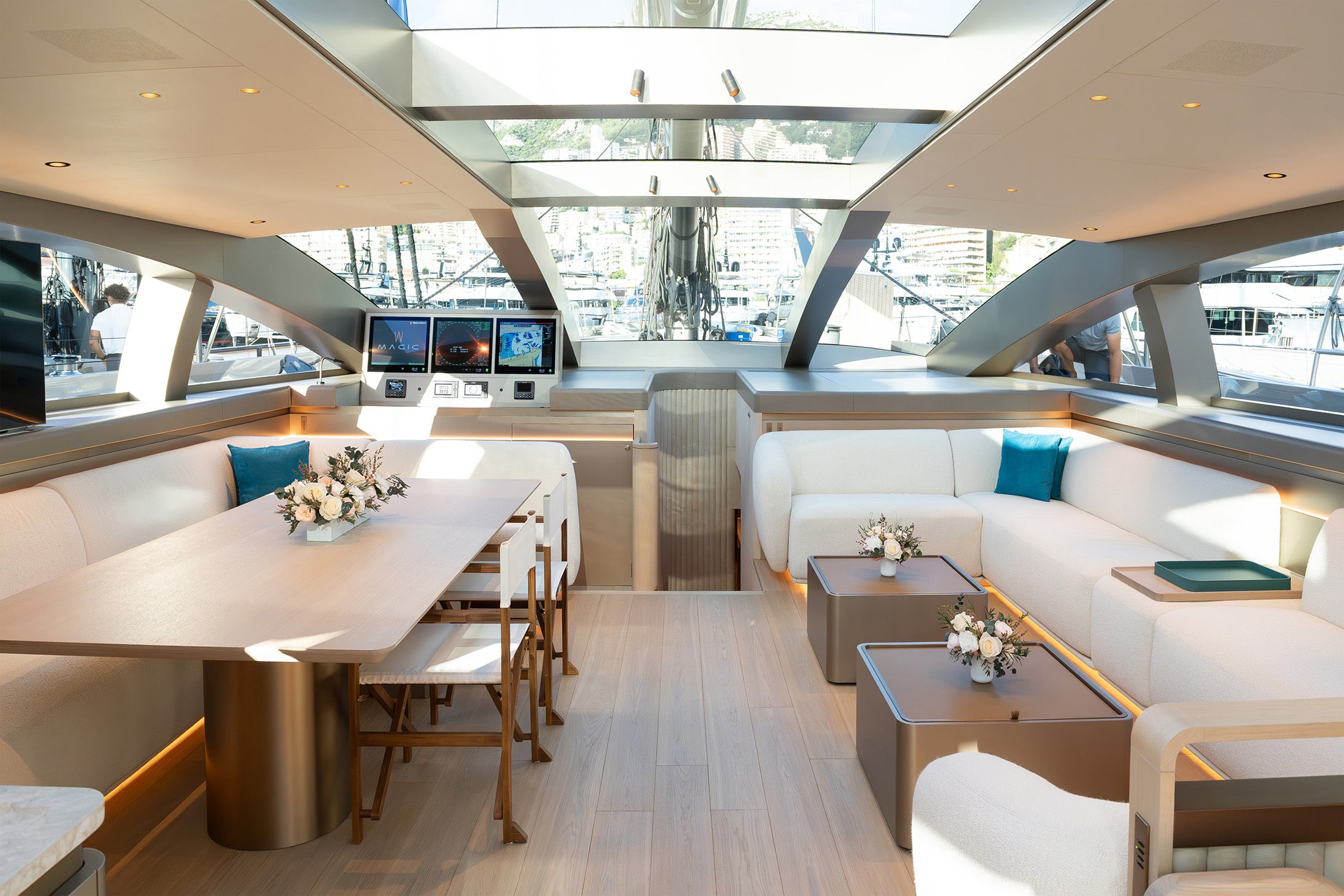 A set of preserved flower arrangements on a sailing yacht