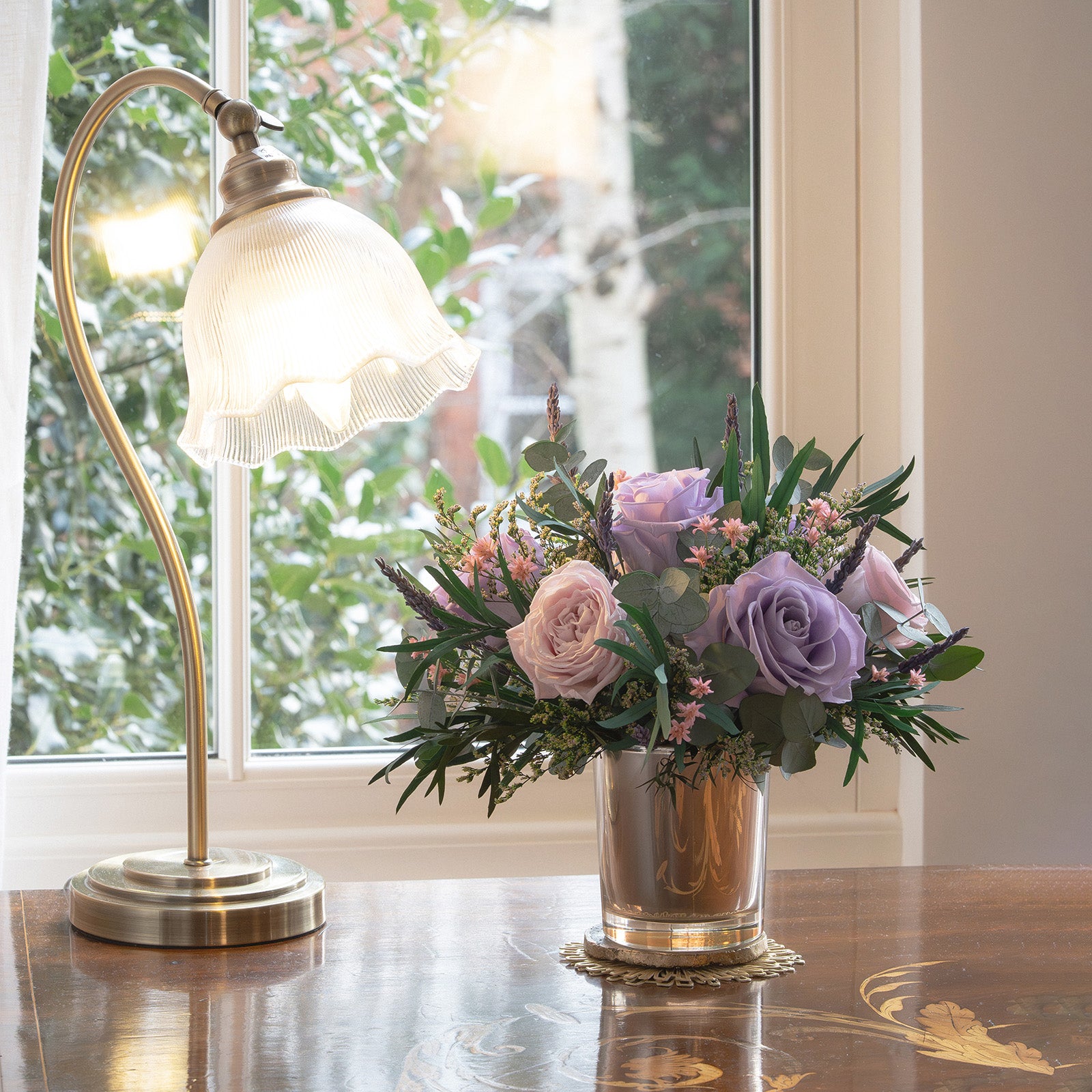 PRESERVED LAVENDER MIXED FLOWER ARRANGEMENT IN GOLD GLASS VASE