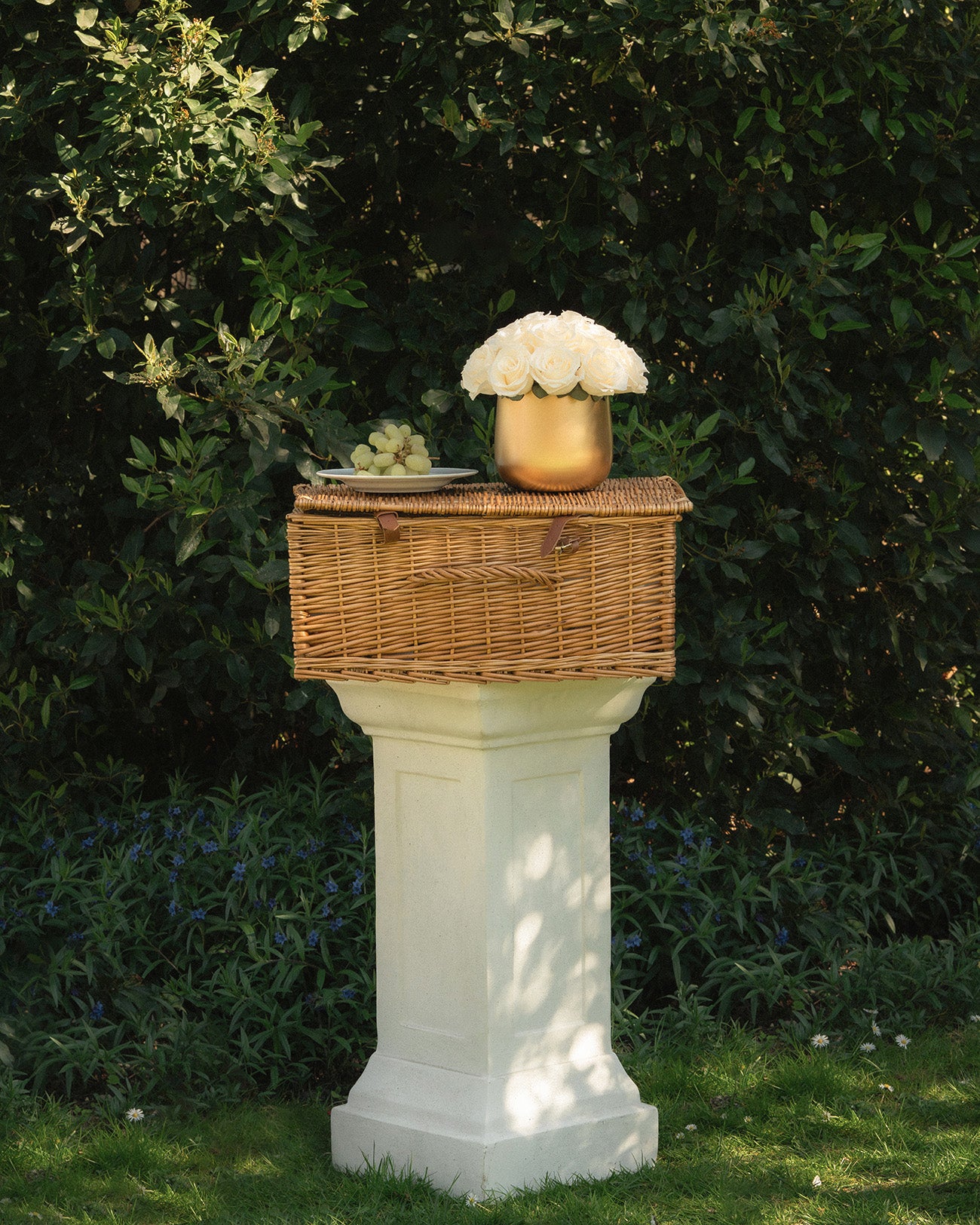 Preserved white rose dome on a podium with a basket and grapes