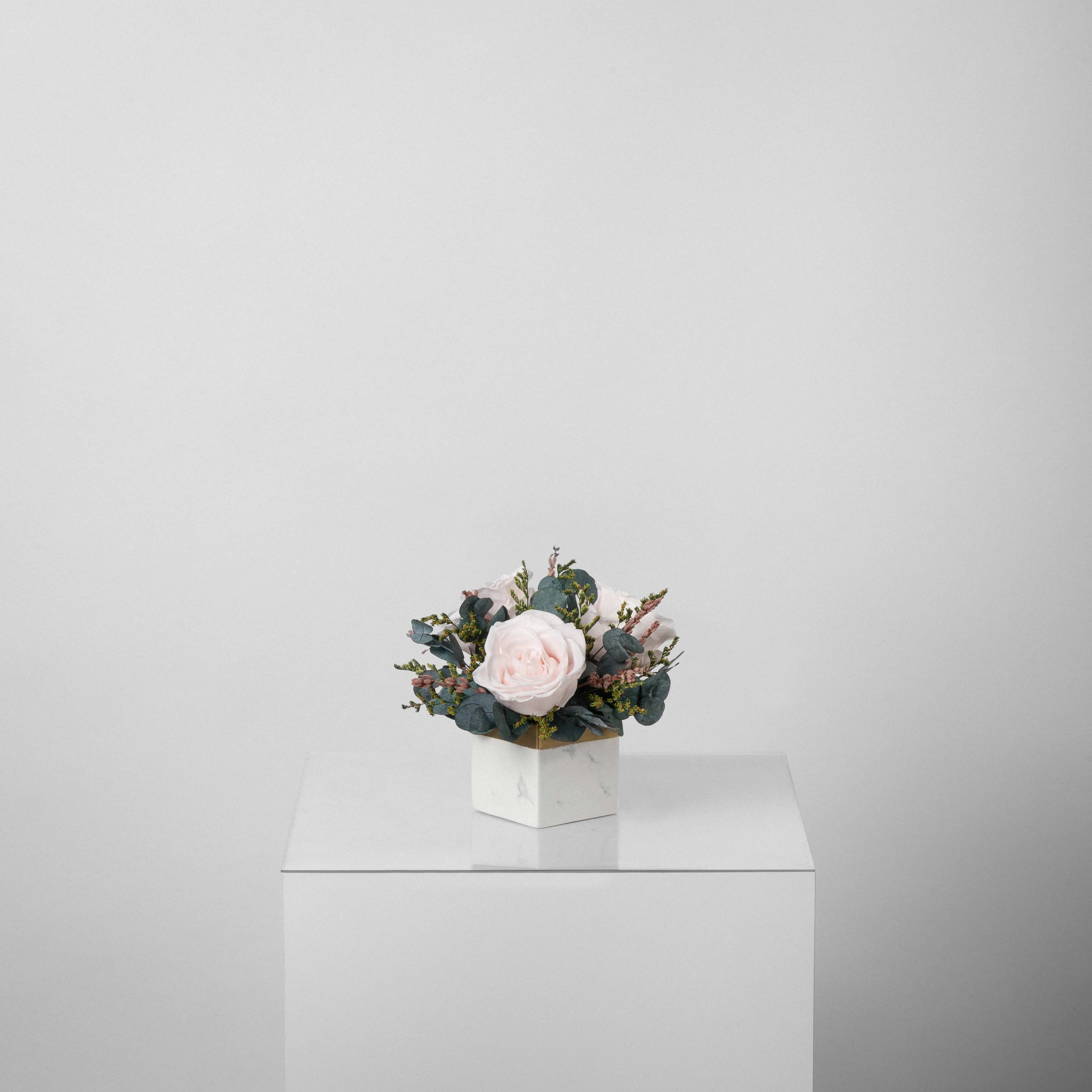 A preserved blush rose arrangement in marble vase