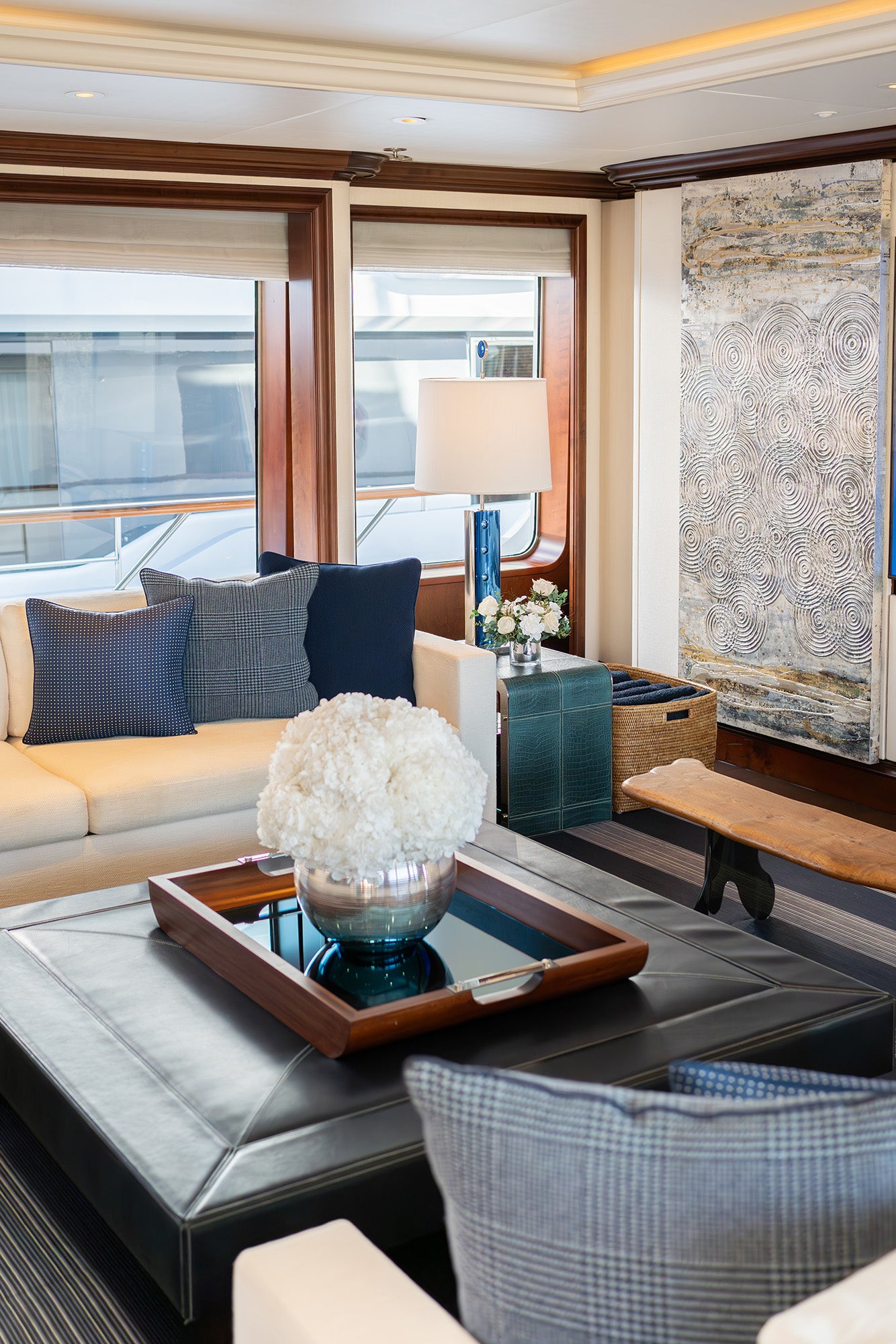 Preserved white hydrangea arrangement in main salon