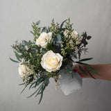 PRESERVED WHITE ROSE WILD ARRANGEMENT IN MARBLE VASE
