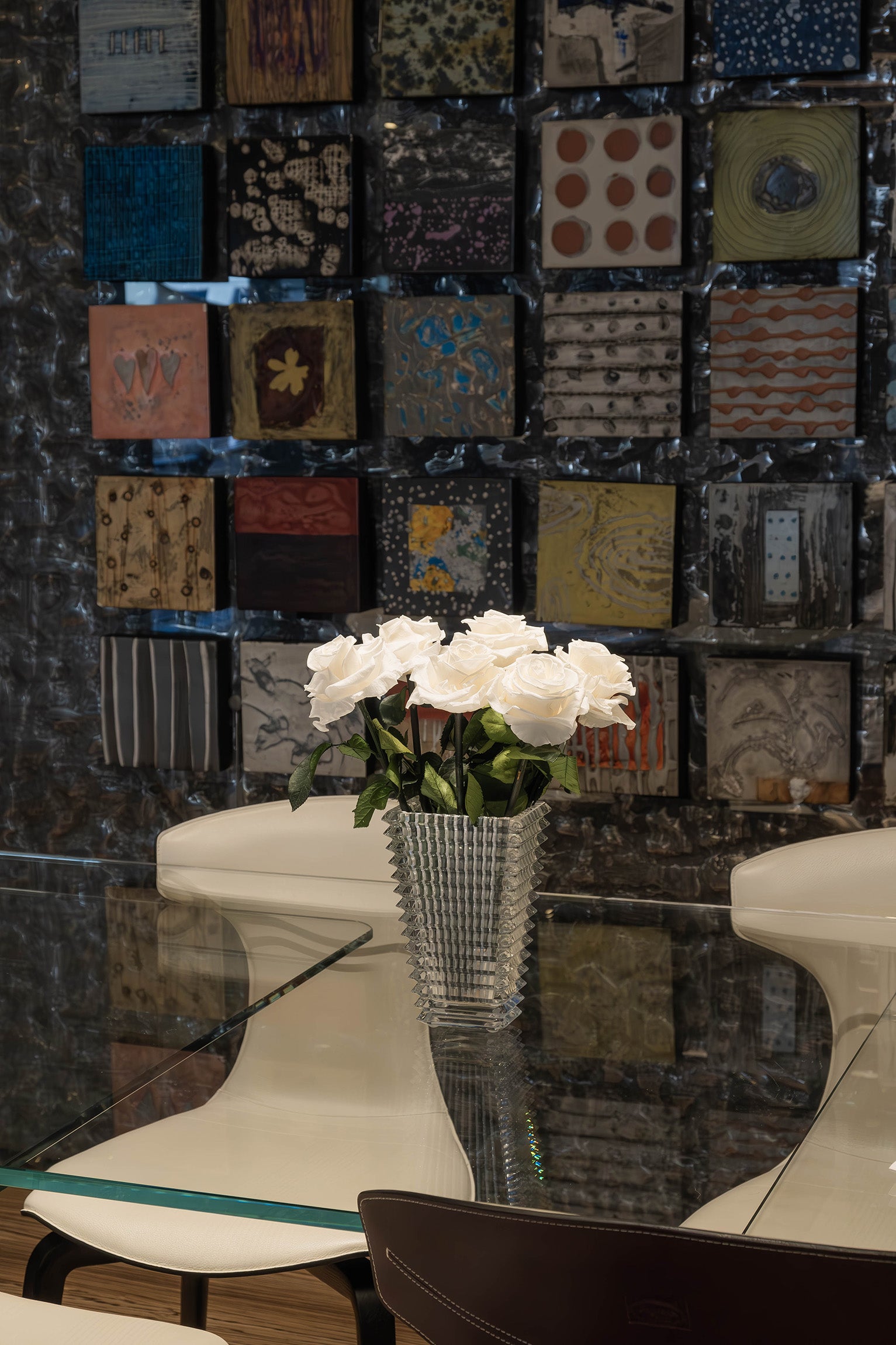 Preserved roses in vase arrangement in main salon