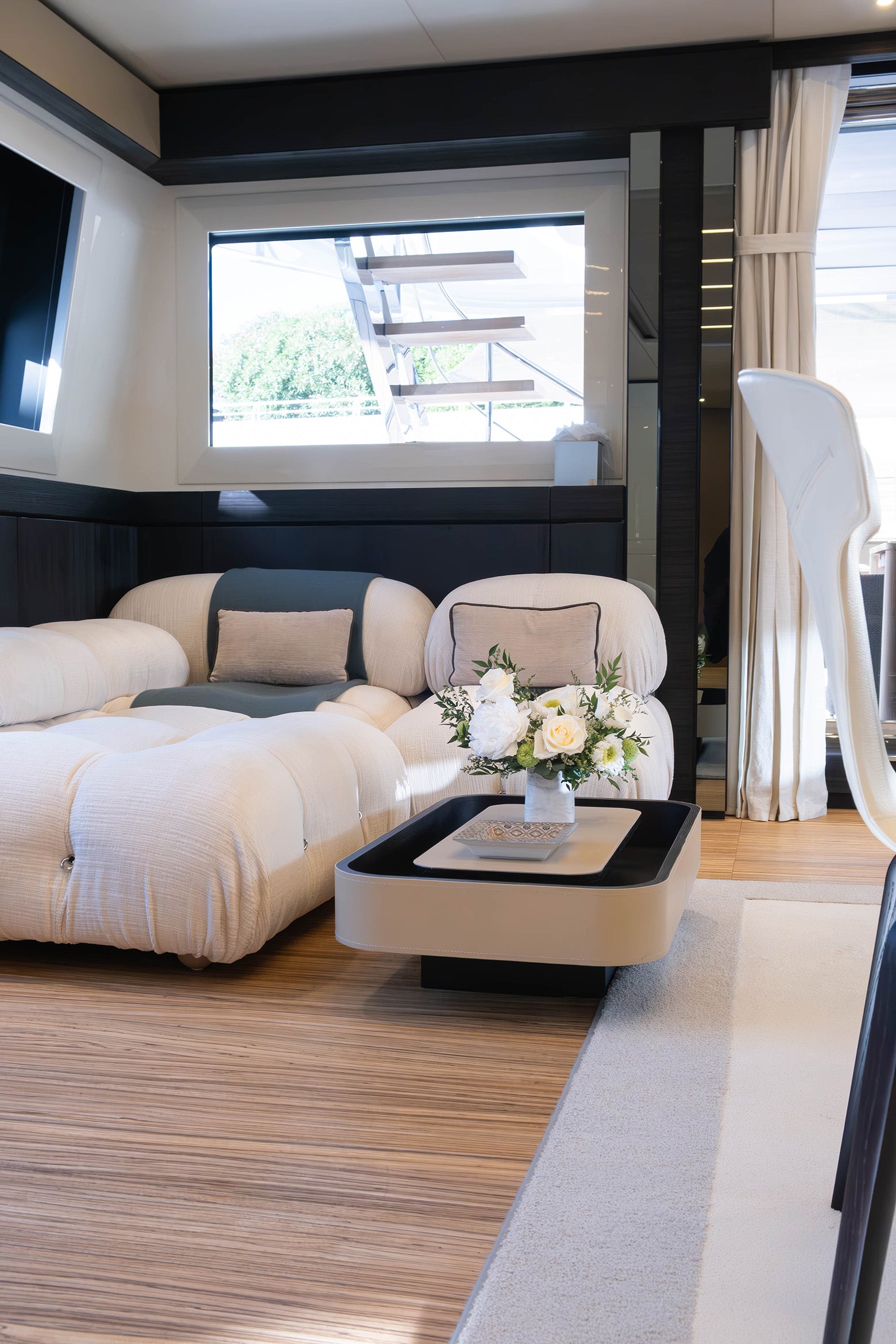 Preserved tropical mixed flowers arrangement on a yacht