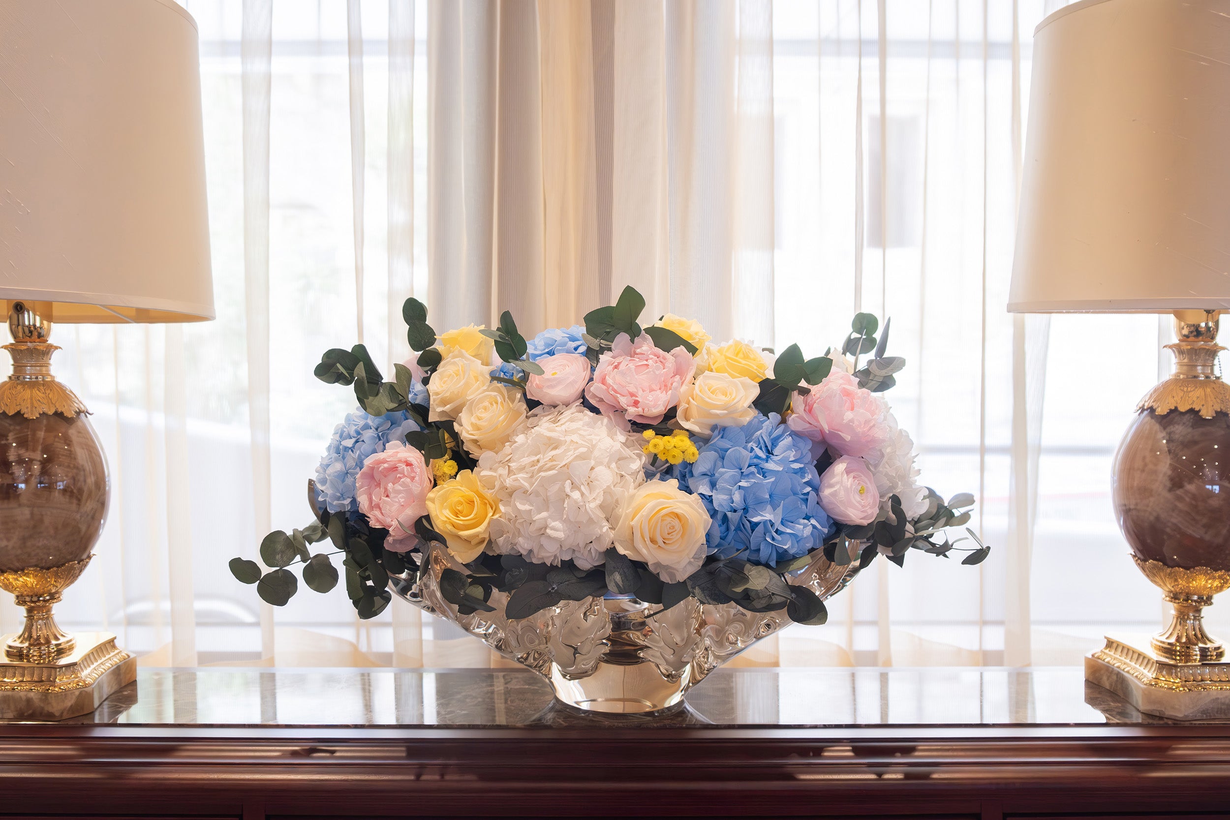 Preserved hydrangea, rose and peony arrangement