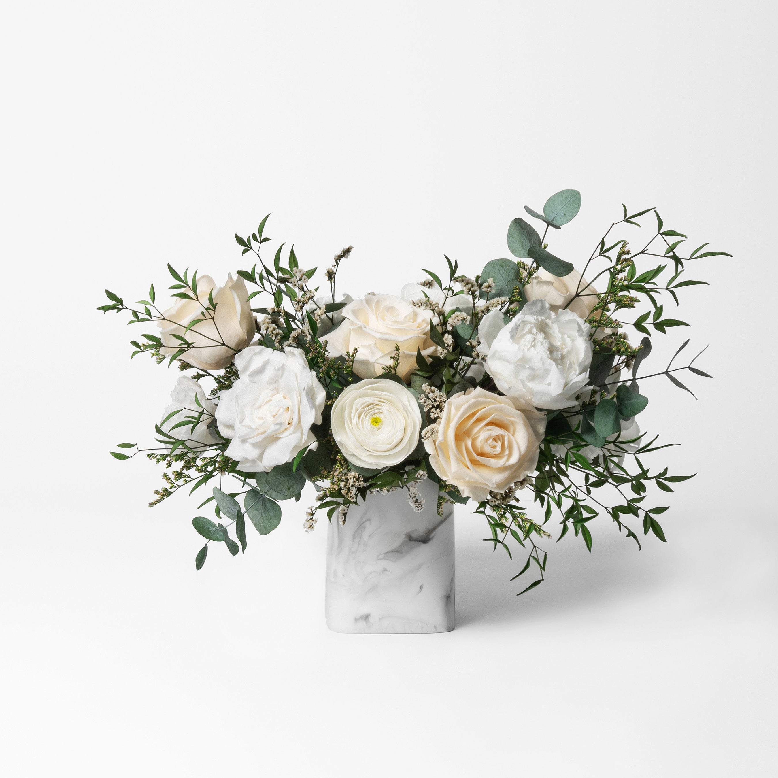 DENISE - PRESERVED WHITE MIXED FLOWER ARRANGEMENT IN MARBLE VASE