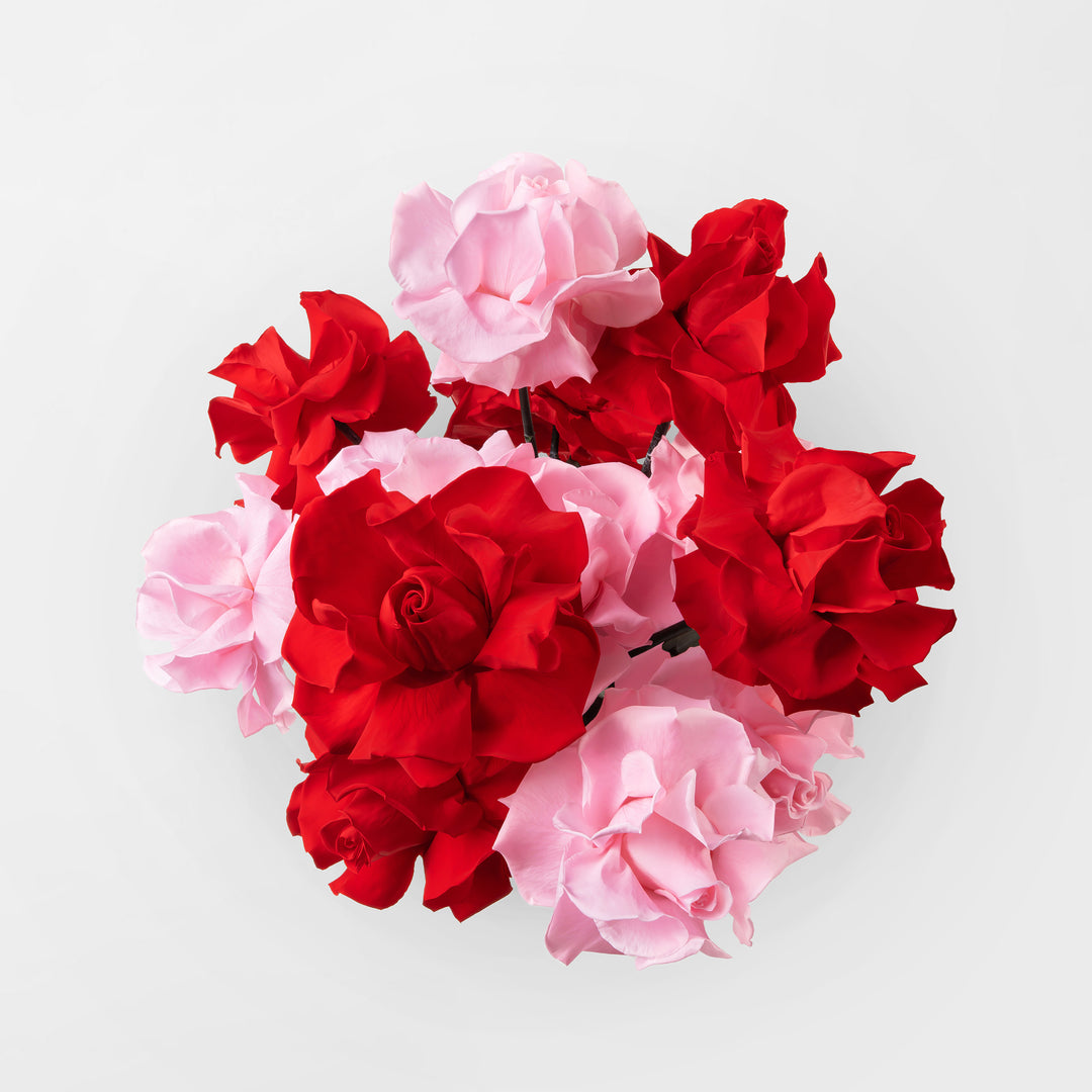 ELLIS - PRESERVED RED AND PINK REFLEXED ROSE IN GOLD GLASS VASE ...