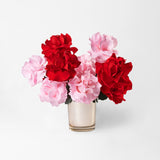ELLIS - PRESERVED RED AND PINK REFLEXED ROSE IN GOLD GLASS VASE
