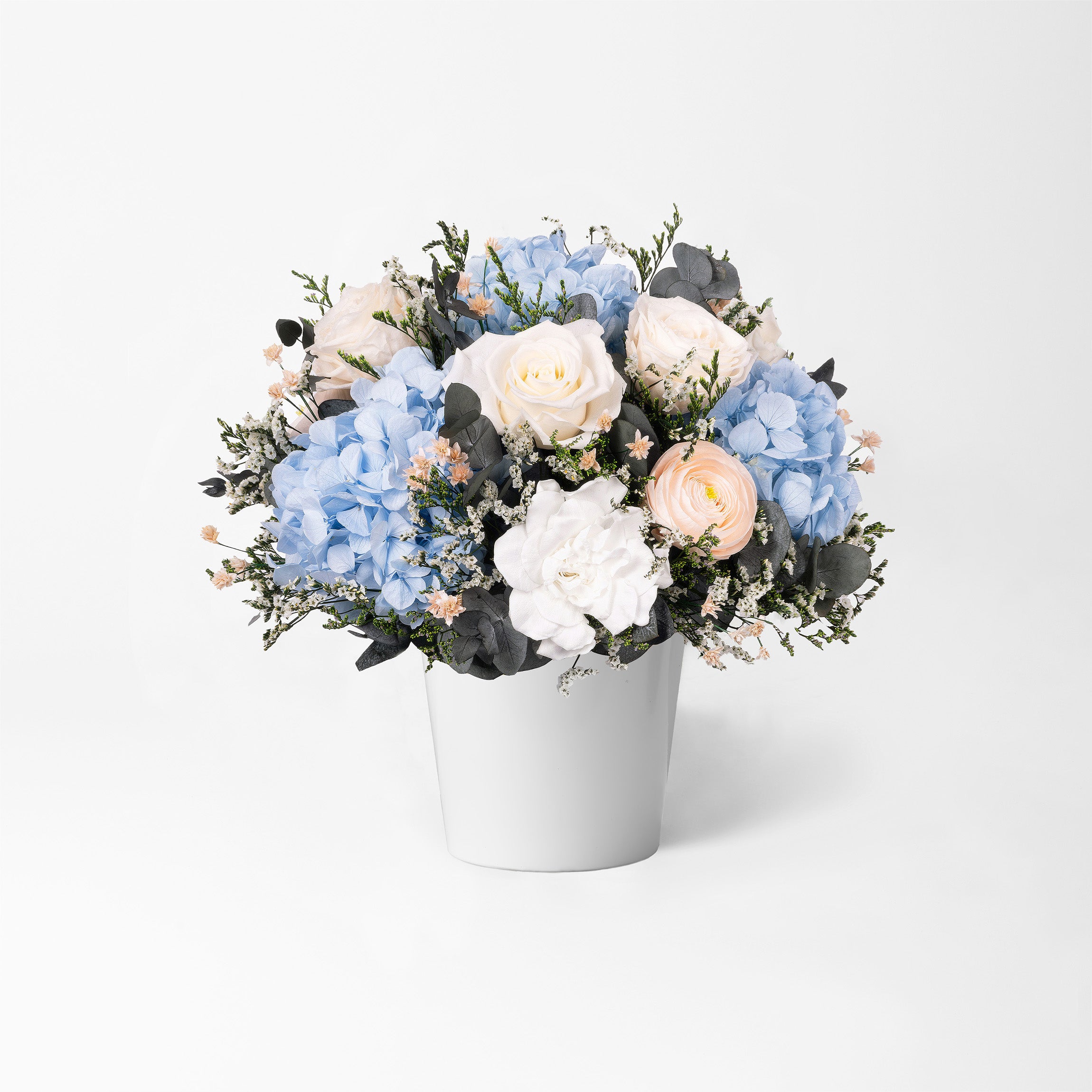 FLORENCE - PRESERVED WHITE AND BLUE MIXED FLOWER ARRANGEMENT IN YOUR CHOICE OF VASE