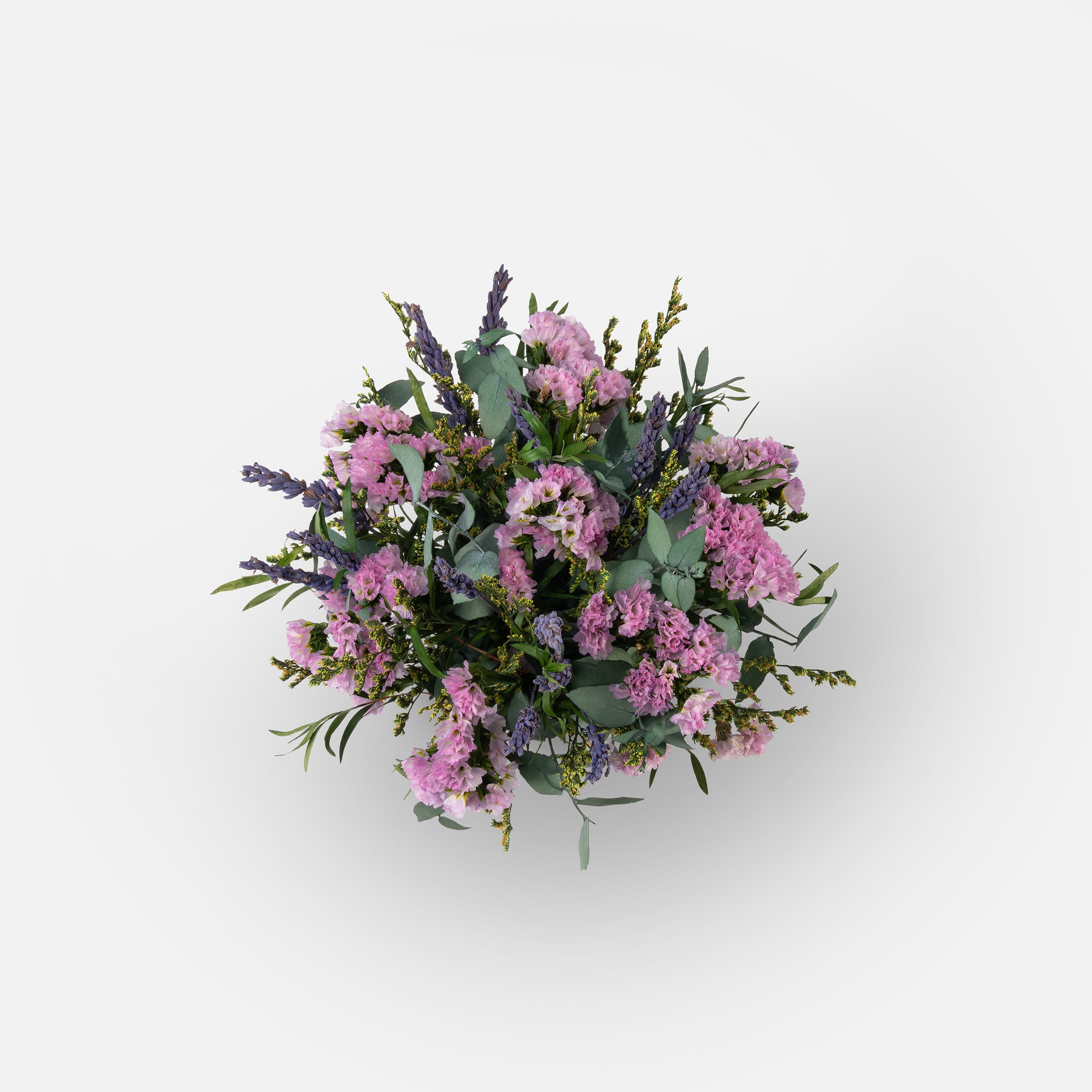 PRESERVED LAVENDER WILD MIXED FLOWER ARRANGEMENT IN GREY BAMBOO VASE
