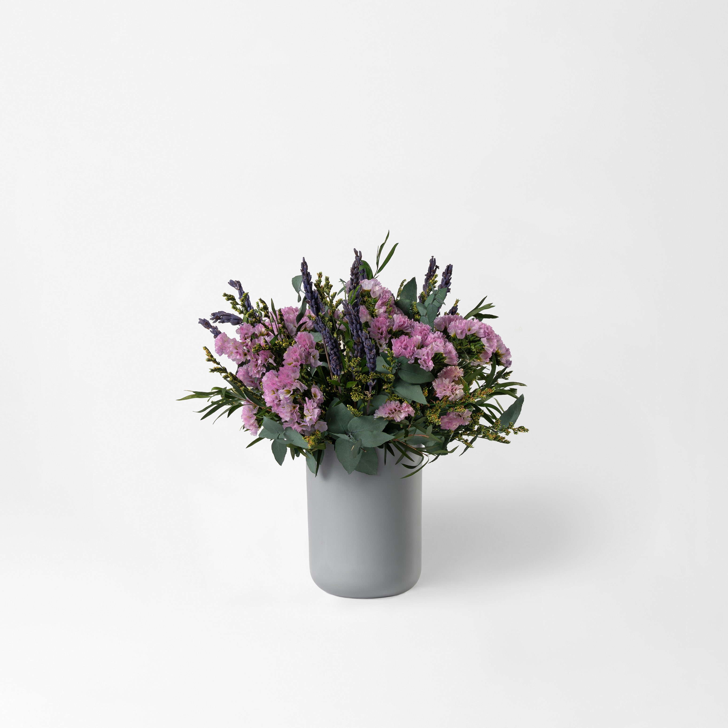 PRESERVED LAVENDER WILD MIXED FLOWER ARRANGEMENT IN GREY BAMBOO VASE