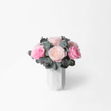 PRESERVED PINK ROSE ARRANGEMENT IN MARBLE VASE