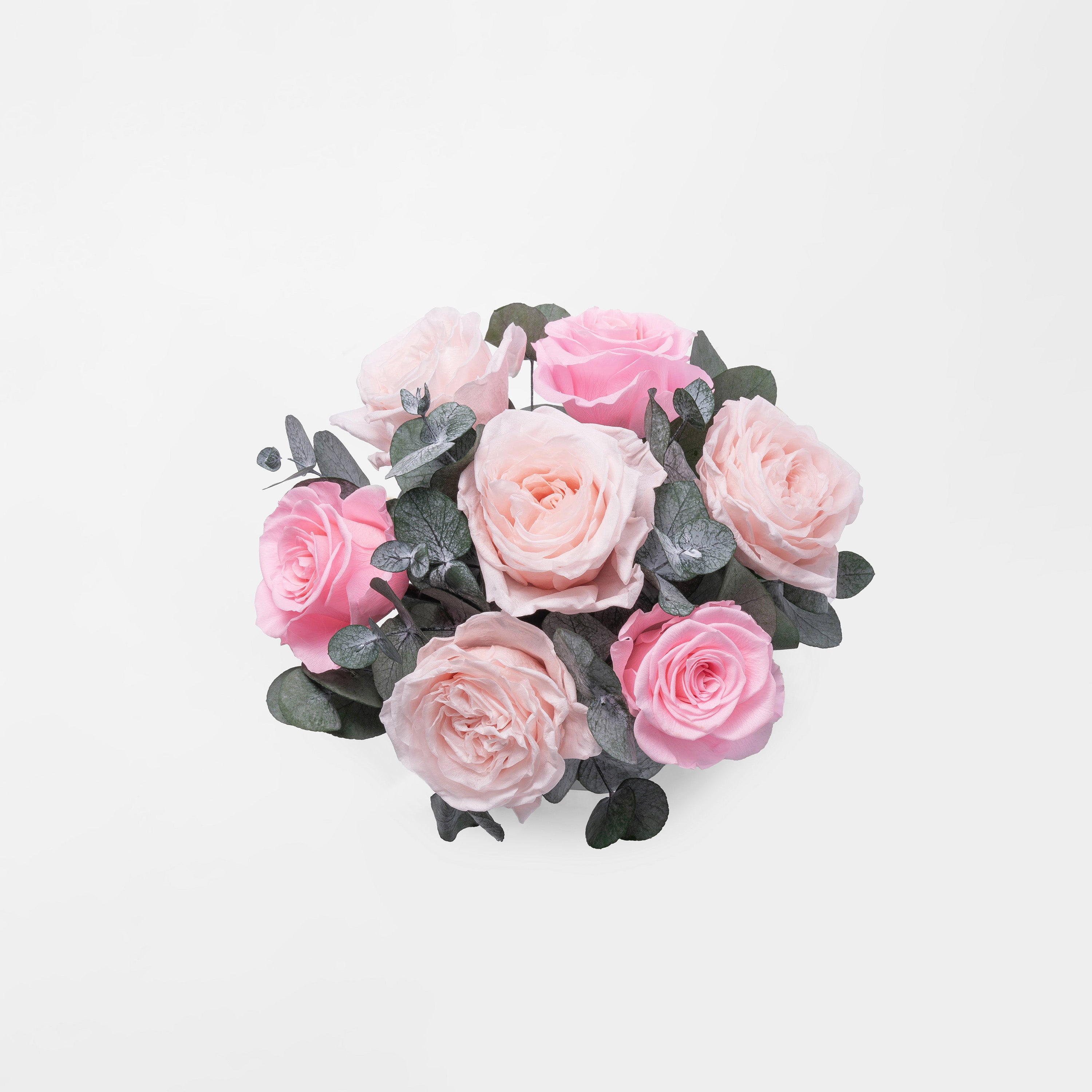 PRESERVED PINK ROSE ARRANGEMENT IN MARBLE VASE