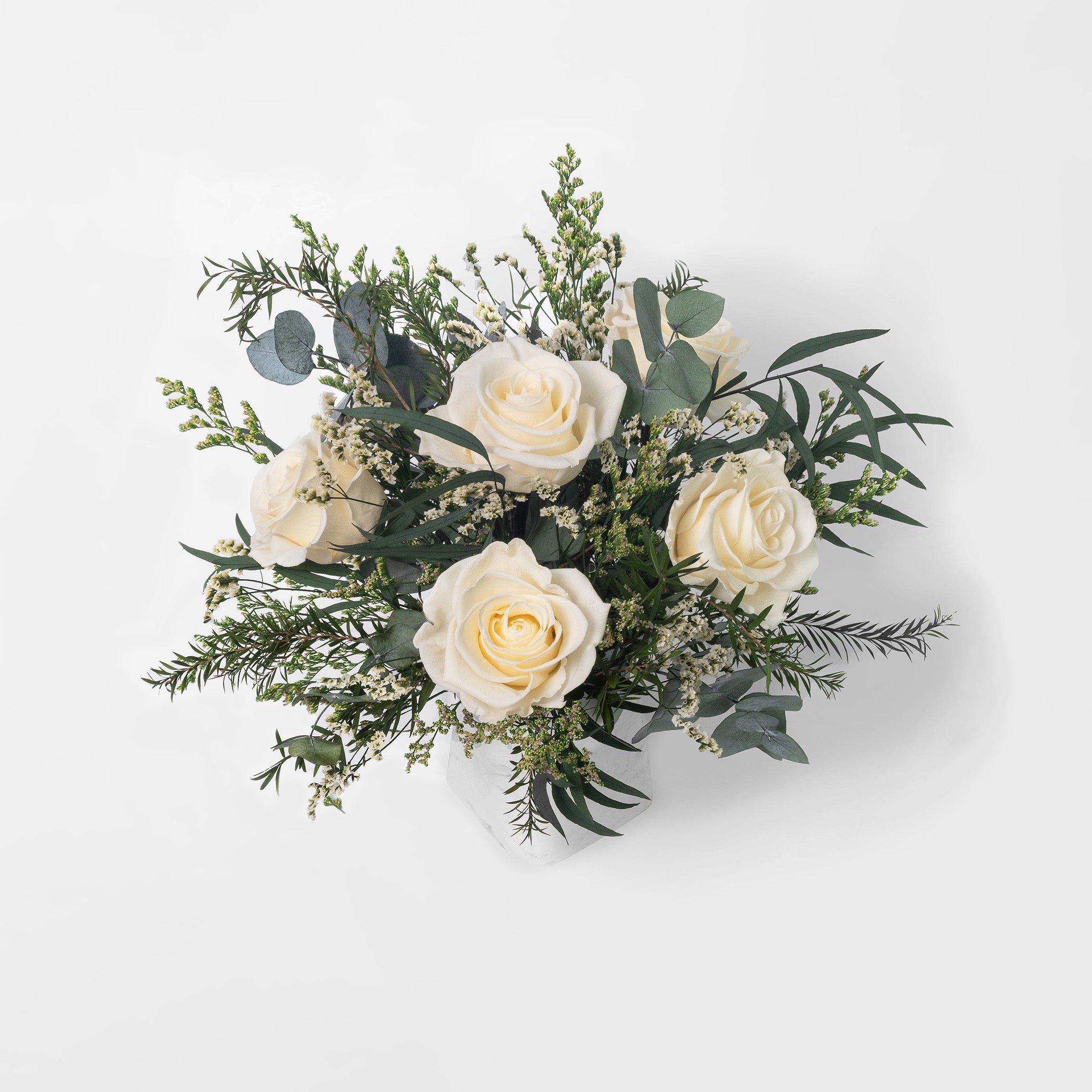 PRESERVED WHITE ROSE WILD ARRANGEMENT IN MARBLE VASE