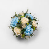 PRESERVED WHITE AND BLUE MIXED FLOWER ARRANGEMENT IN SILVER METAL VASE