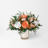 CORALIE - PRESERVED ORANGE MIXED FLOWER ARRANGEMENT IN GOLD GLASS VASE