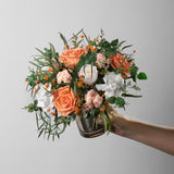 CORALIE - PRESERVED ORANGE MIXED FLOWER ARRANGEMENT IN GOLD GLASS VASE