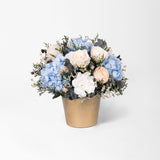 FLORENCE - PRESERVED WHITE AND BLUE MIXED FLOWER ARRANGEMENT IN YOUR CHOICE OF VASE