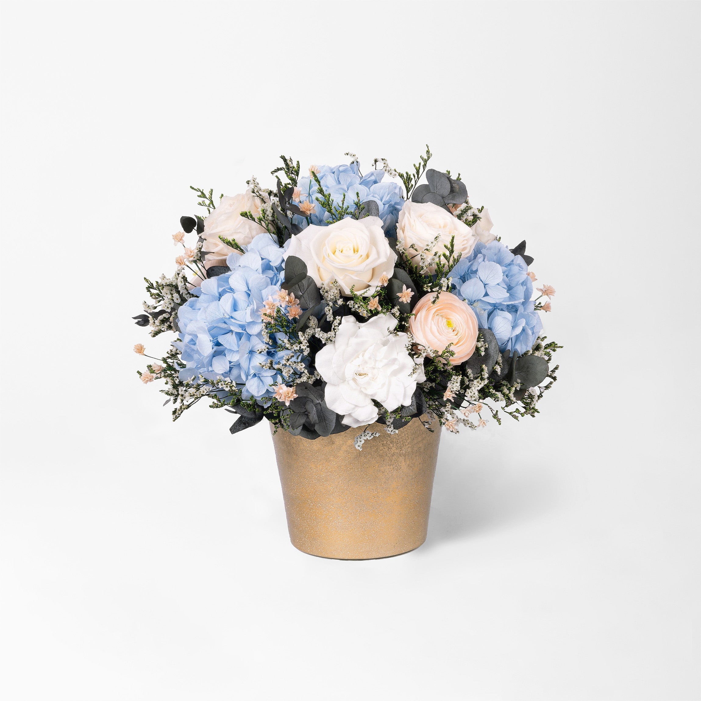 FLORENCE - PRESERVED WHITE AND BLUE MIXED FLOWER ARRANGEMENT IN YOUR CHOICE OF VASE