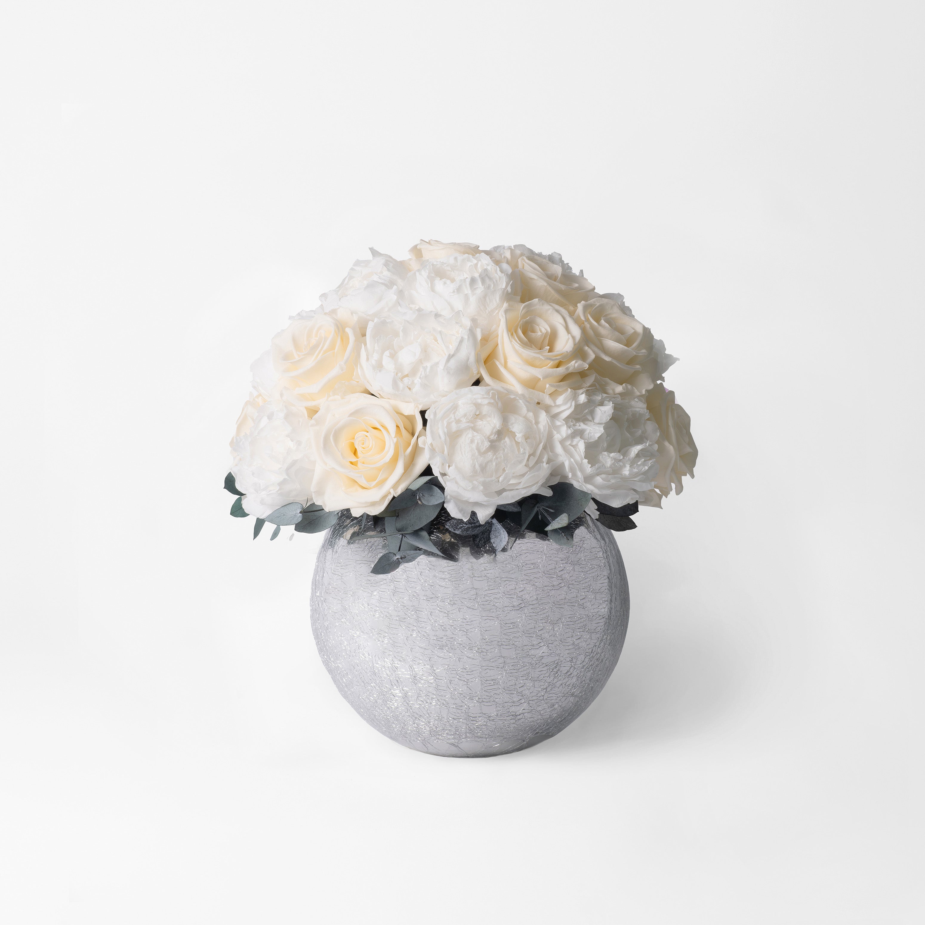 PRESERVED WHITE ROSE AND PEONY DOME ARRANGEMENT IN SILVER VASE