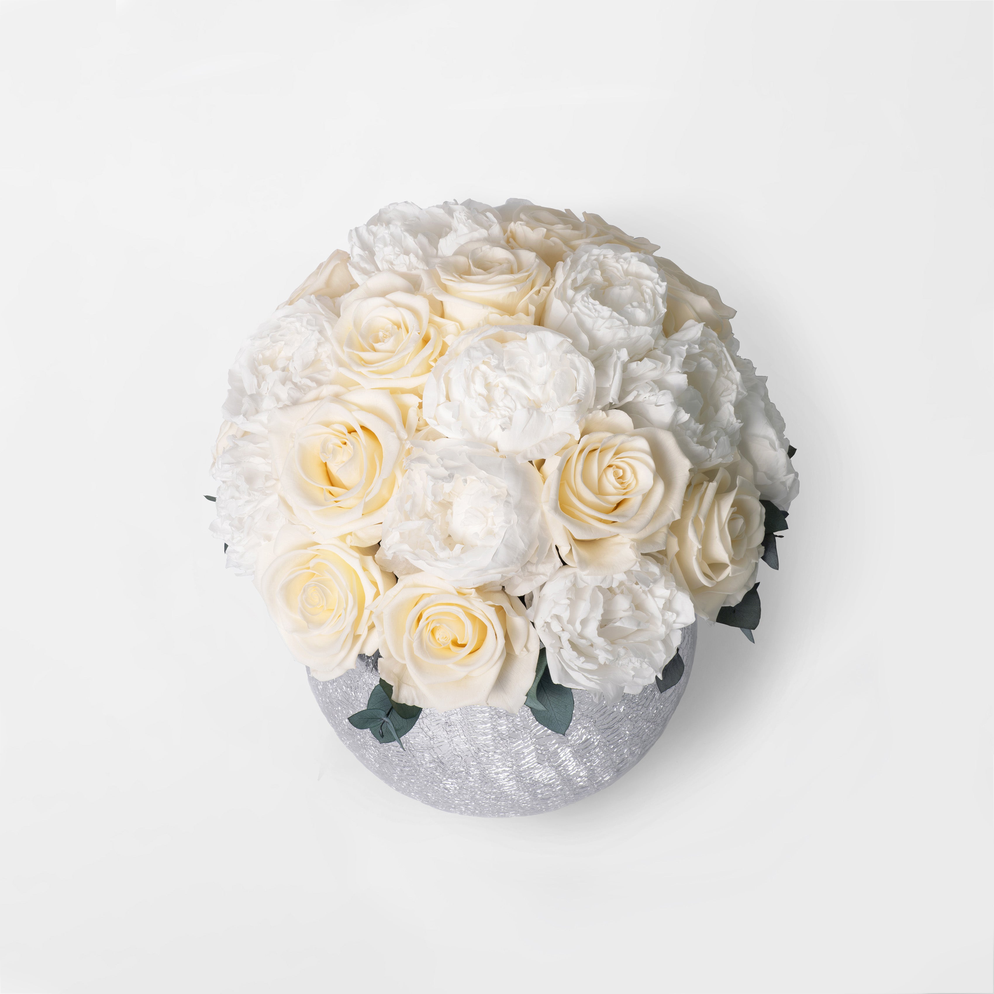 PRISCILLA - PRESERVED WHITE ROSE AND PEONY DOME ARRANGEMENT IN