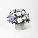 FLORENCE - PRESERVED WHITE AND BLUE MIXED FLOWER ARRANGEMENT IN YOUR CHOICE OF VASE