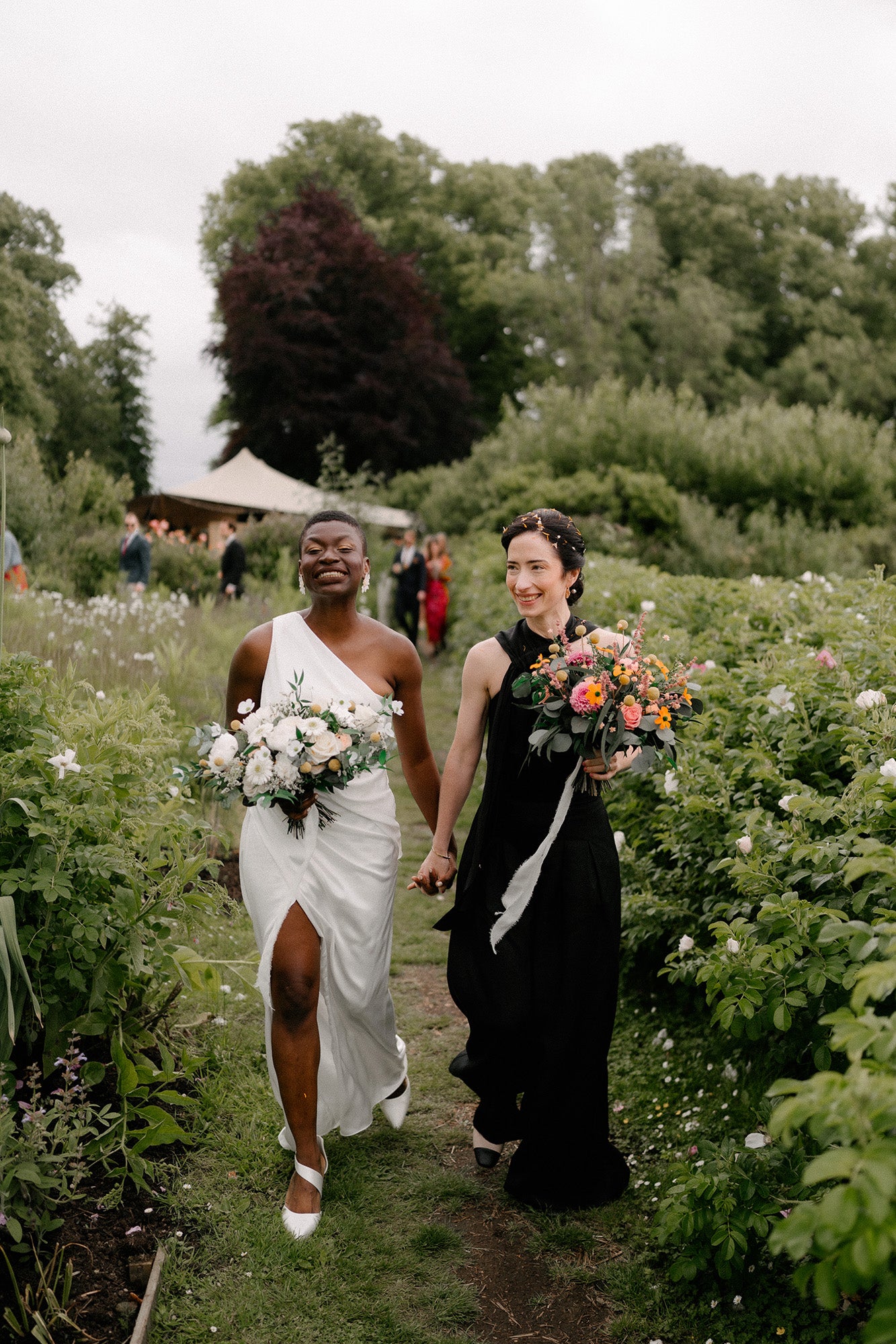 Preserved wedding flower arrangements displayed at a wedding in the English countryside