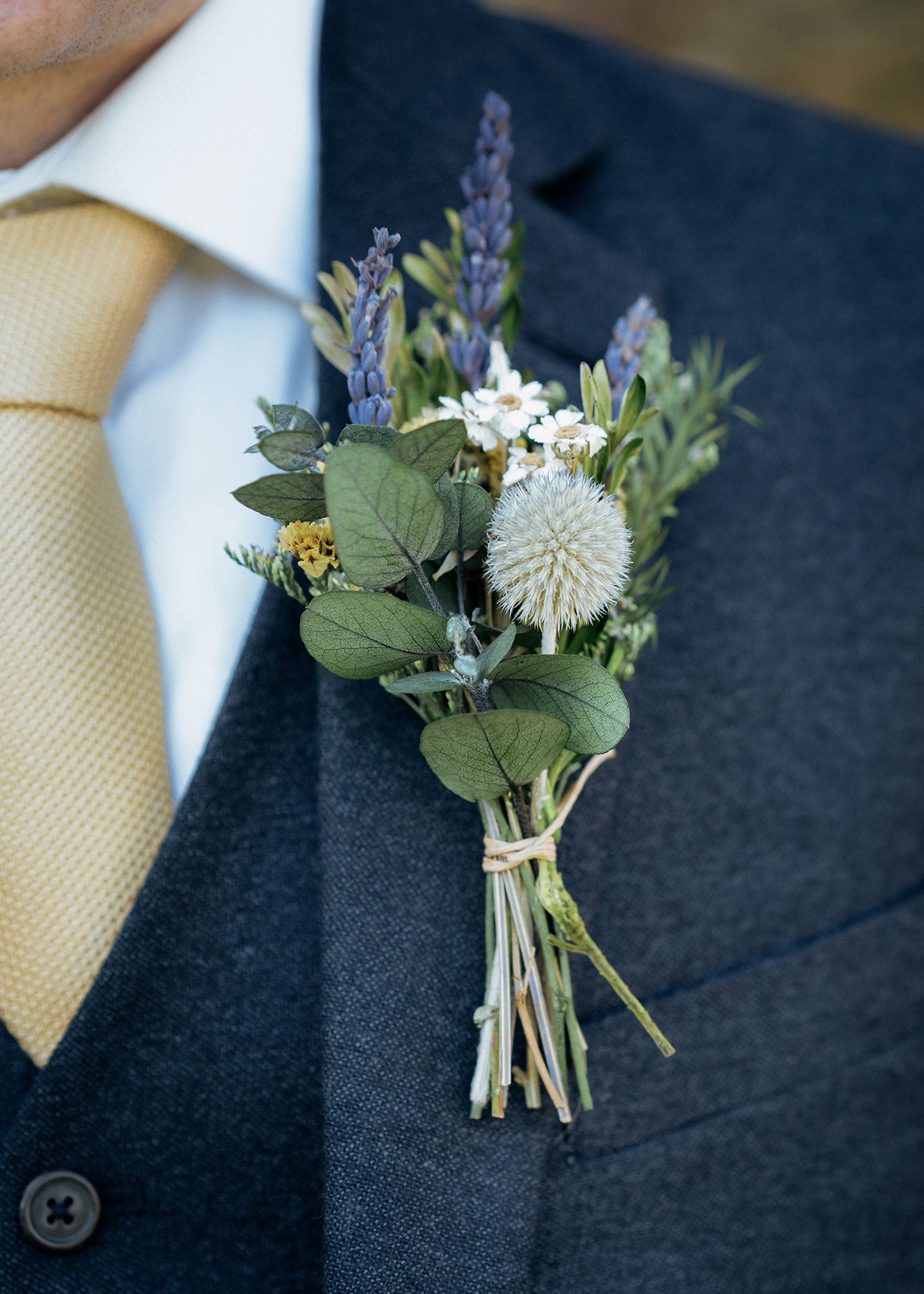 Mini preserved thistle hand-tied button hole bouquet 