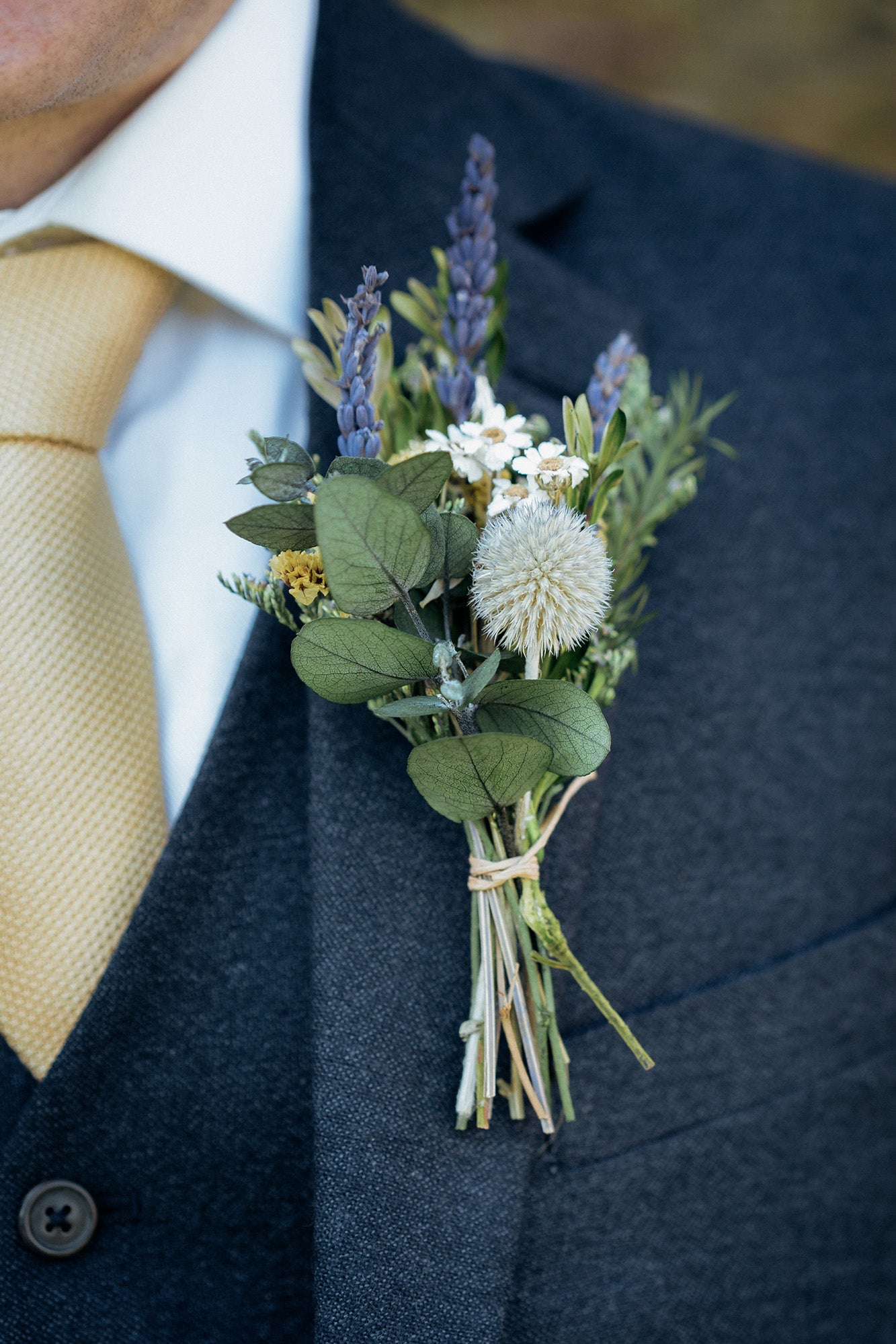 Mini preserved thistle hand-tied button hole bouquet 