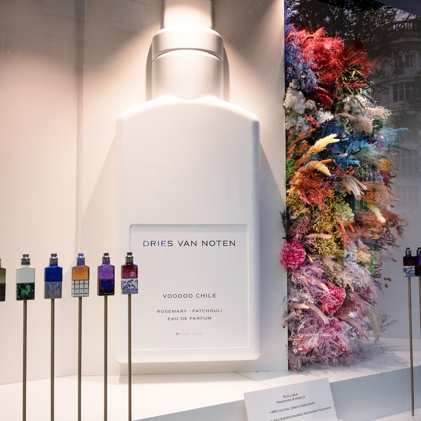 Preserved mixed flowers department store window installation