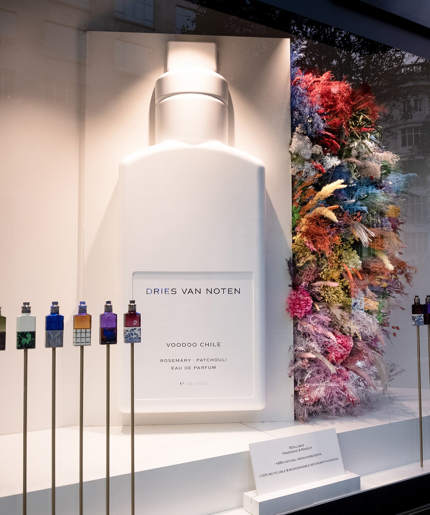 Preserved mixed flowers department store window installation