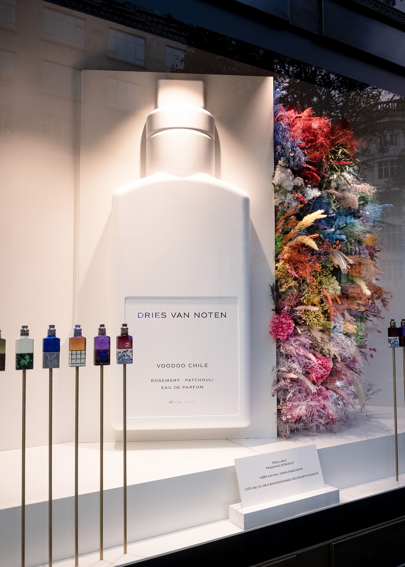 Preserved mixed flowers department store window installation