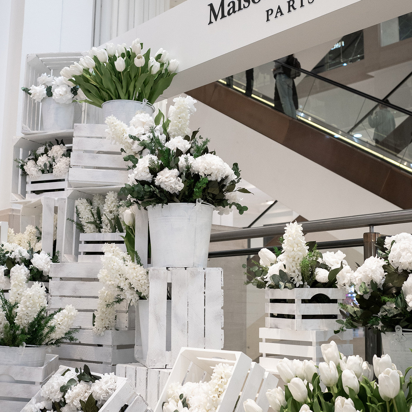 Preserved white mixed flowers installation for perfume launch