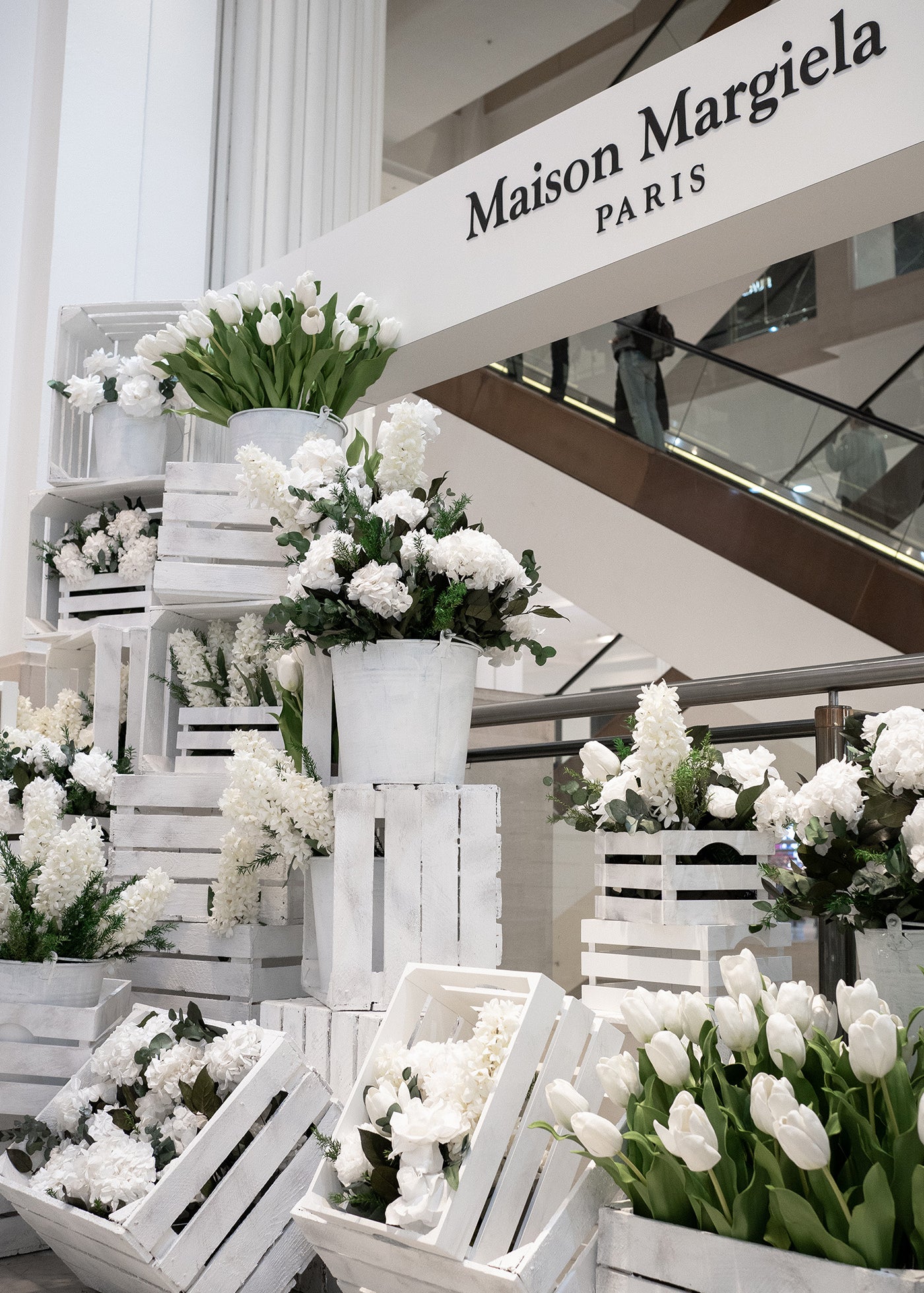 Preserved white mixed flowers installation for perfume launch