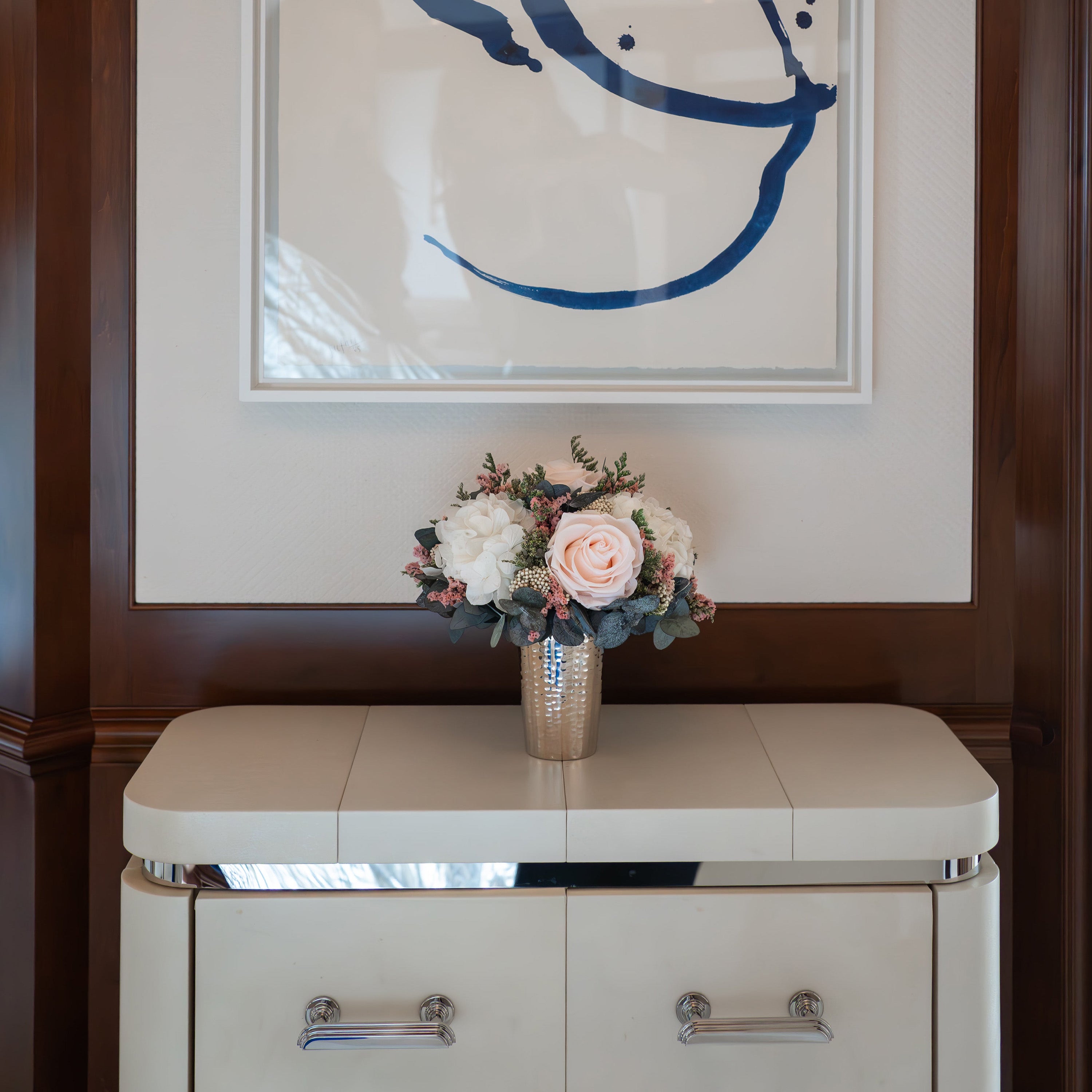 PRESERVED PINK MIXED FLOWER ARRANGEMENT IN SILVER METAL VASE
