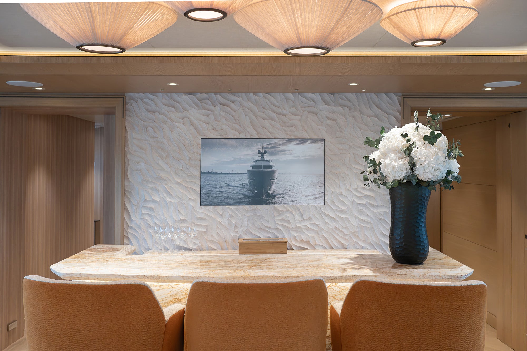 Preserved white hydrangea with eucalyptus arrangement in main salon