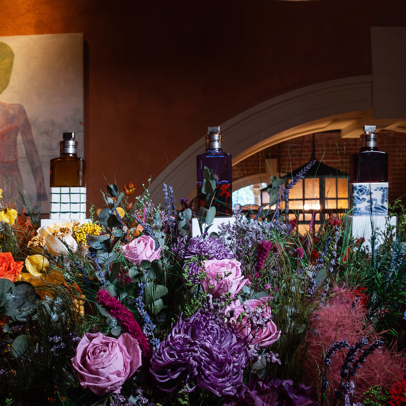 Preserved mixed flowers installation for perfume launch