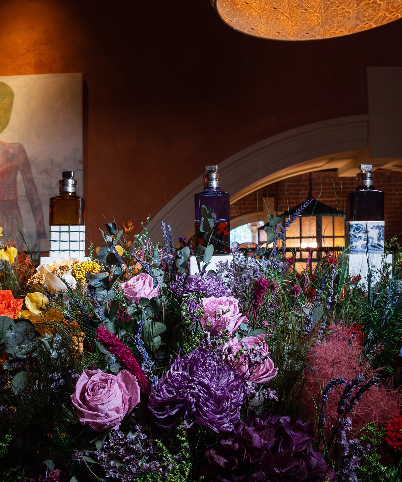 Preserved mixed flowers installation for perfume launch