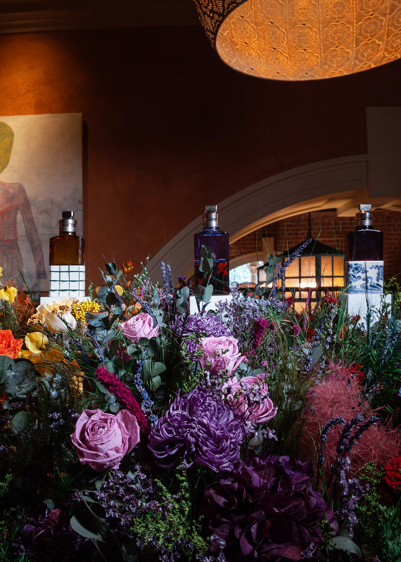 Preserved mixed flowers installation for perfume launch